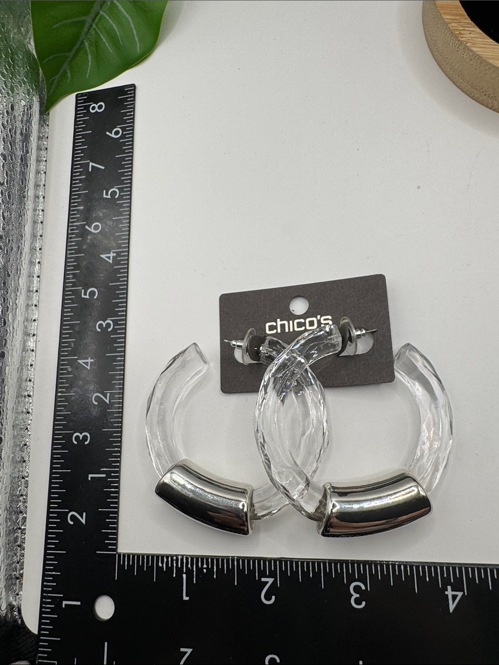 Chico’s Clear Faceted Hoop Earrings with Silver-Tone Accents (BR-1212/5) - Picture 2 of 4